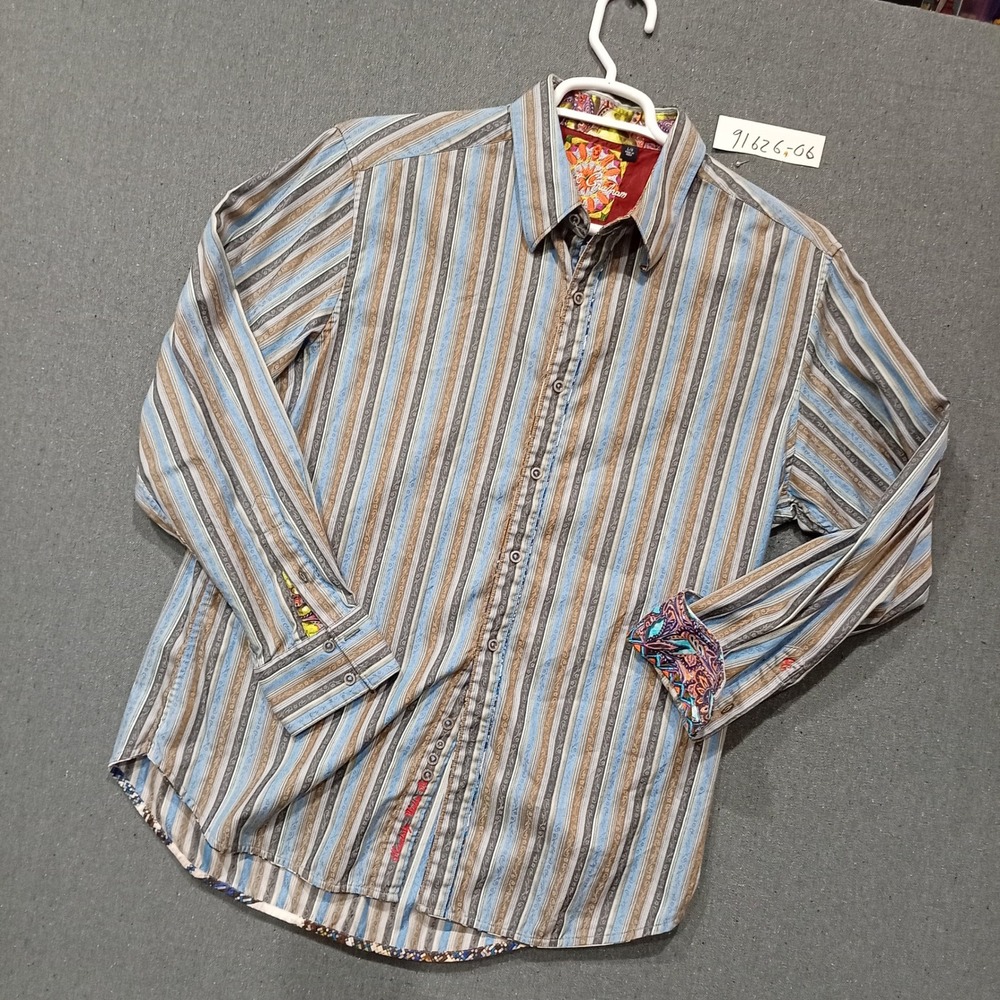 Robert Graham Mens Large Blue Brown Striped Embroidered Long Sleeve Button Shirt